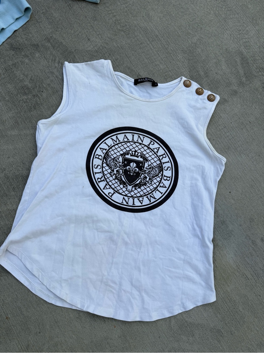 Balmain White Tank Top with Black Paris Crest and Gold Buttons
